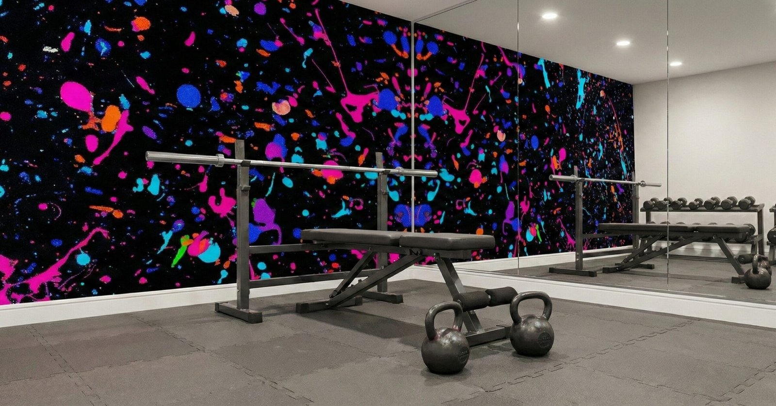 A zoomed-in of a modern fitness room, displaying bold neon splashes on black behind weight benches and kettlebells.