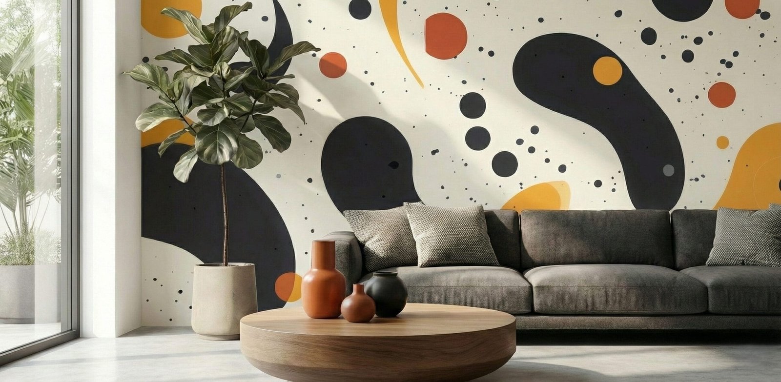 A zoomed-in of a mural pattern with irregular shapes on a soft neutral base in a living room