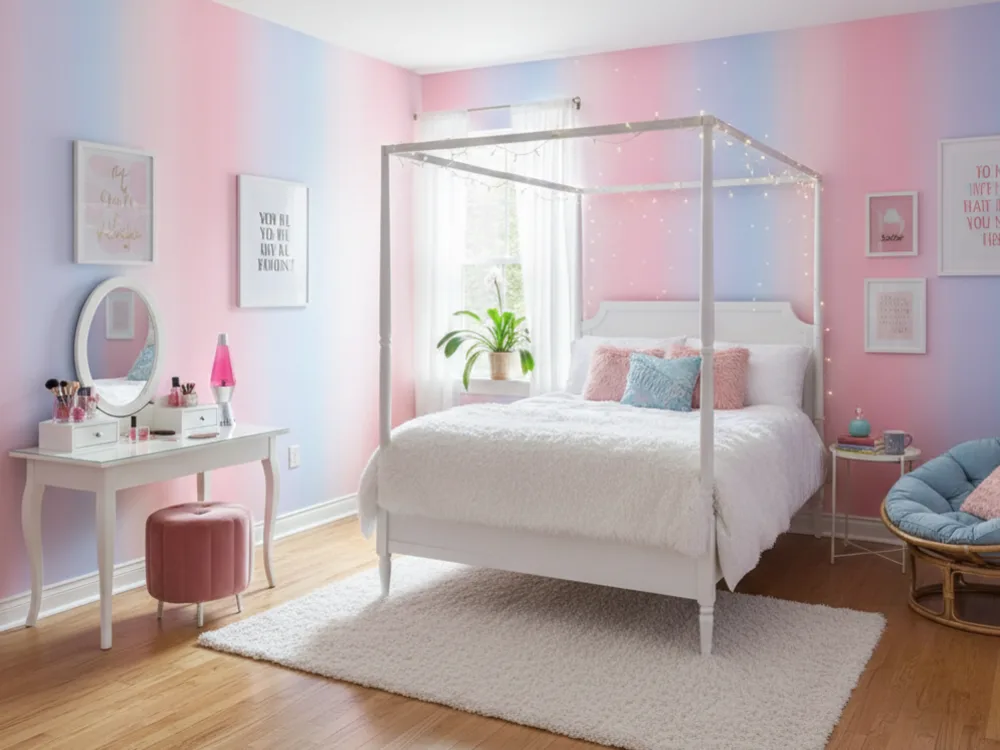 Pastel ombre wallpaper with soft vertical gradients in pink and pale blue, styled in a bright bedroom with a white canopy bed, vanity table, and cozy décor.