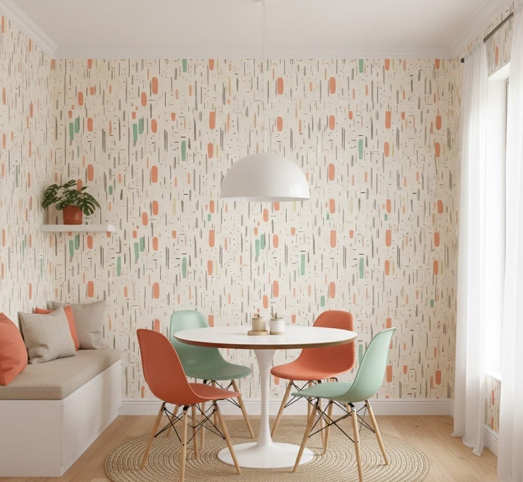 Bright dining area featuring pastel abstract wallpaper, round white table, mixed pastel chairs, and a minimalist pendant light.