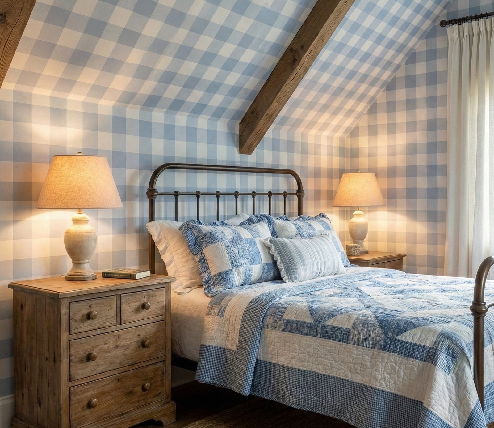 A zoomed-in of powder blue gingham wallpaper installed in a bedroom with sloped ceilings, exposed wood beams, and a metal bed frame.