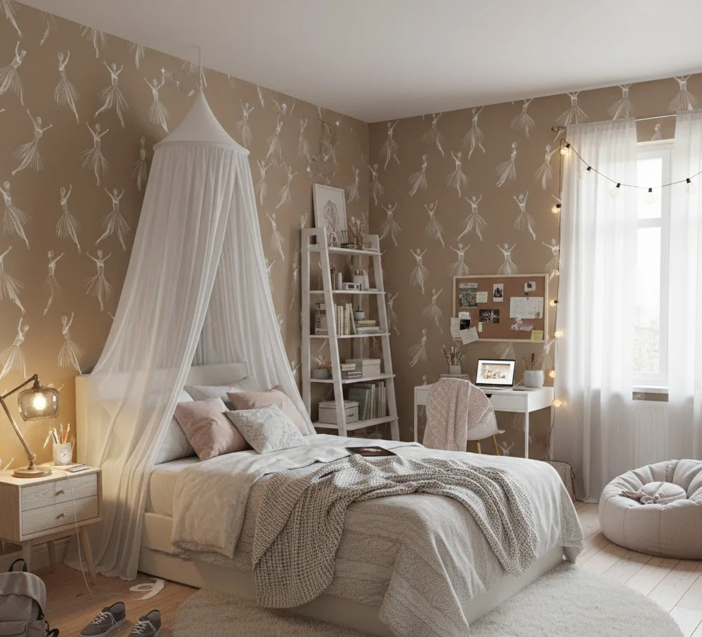 Girls bedroom styled with Prima Ballerina wallpaper, featuring delicate white ballerina illustrations on taupe walls, a soft canopy bed, and cozy neutral décor.