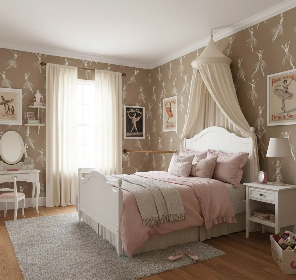 Charming bedroom styled with ballerina wallpaper in soft neutral tones, featuring a white bed frame, blush bedding, and vintage ballet artwork.