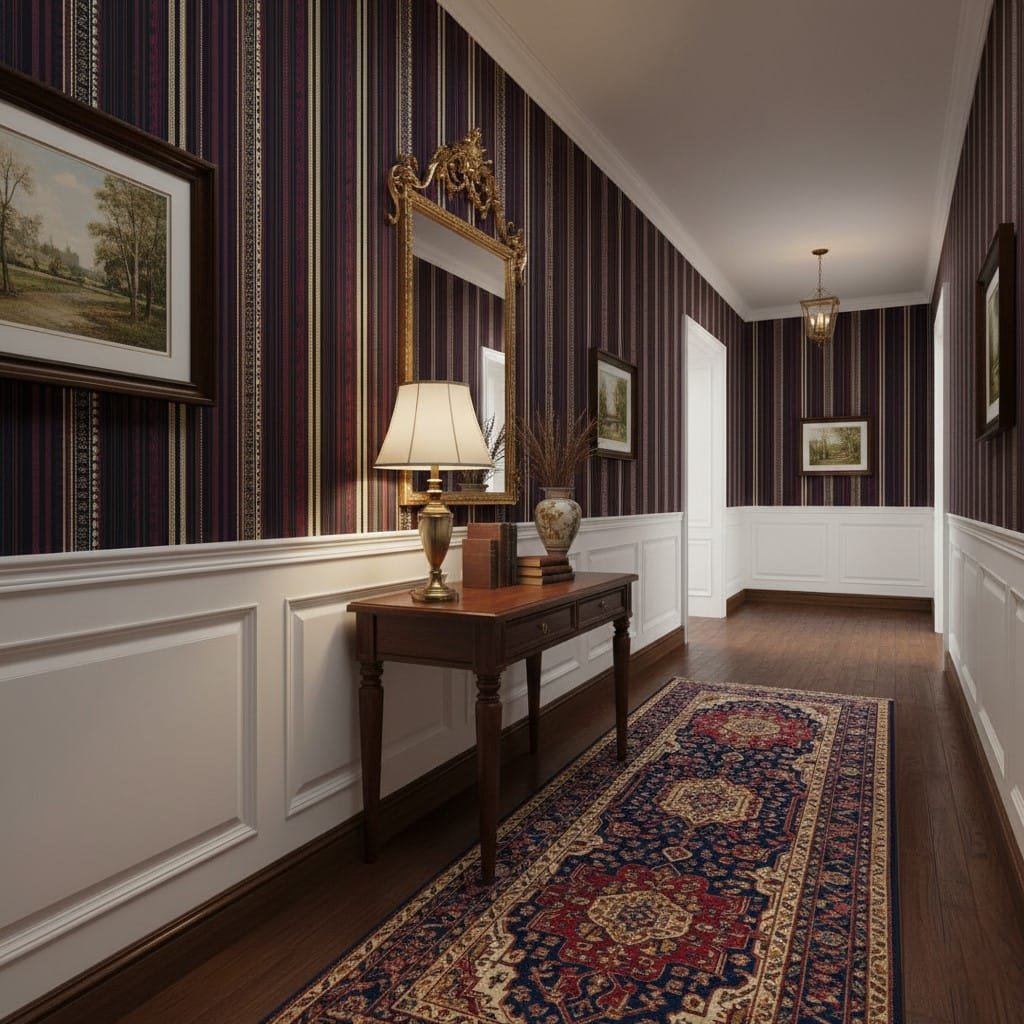 Elegant hallway with rich burgundy stripe wallpaper, white wainscoting, vintage console table, framed art, and patterned runner.
