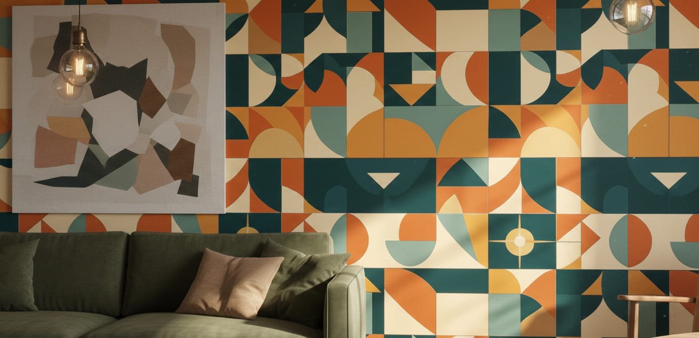 A zoomed-in of Retro Geo mural showing repeating geometric blocks, arcs, circles, and triangles in teal, orange, beige, and sage green.