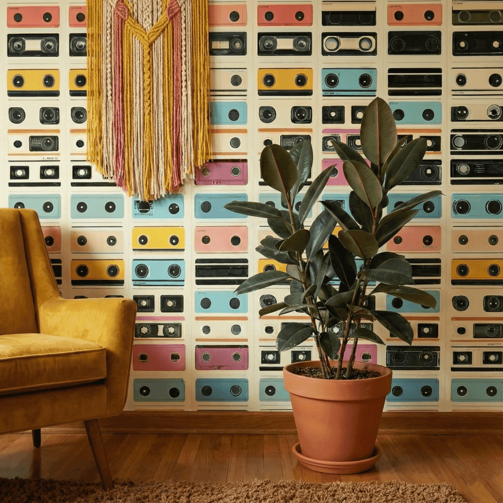A zoomed-in of a mid-century inspired living space styled with retro cassette wallpaper, showcasing pastel mixtape designs, a mustard armchair, and warm wood accents.