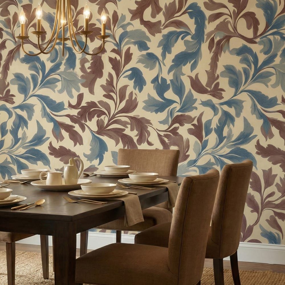 A zoomed-in of a seamless repeating scroll leaf wallpaper pattern in blue and russet on a warm cream background