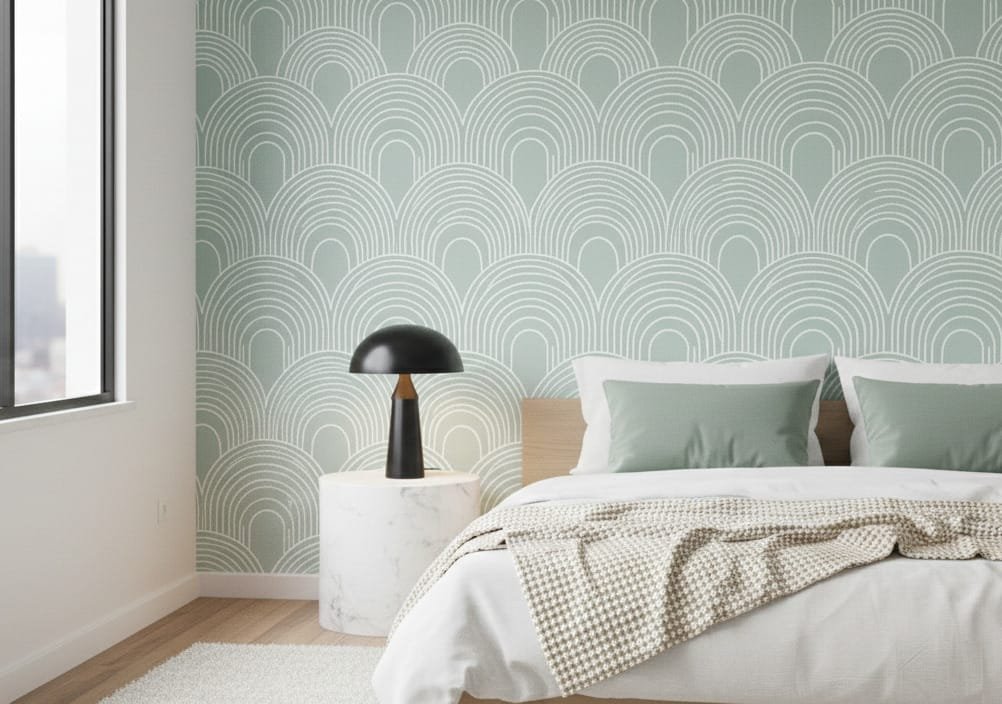 zoomed-in of Sage green arches wallpaper in a modern bedroom with white bedding, pale wood furniture, and a minimalist bedside lamp.
