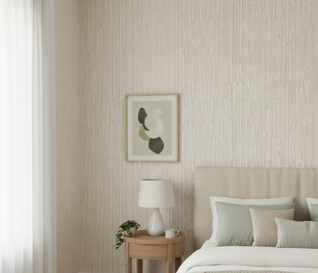 Minimal bedroom vignette with sage bamboo texture wallpaper, light wood nightstand, ceramic lamp, and abstract wall art.