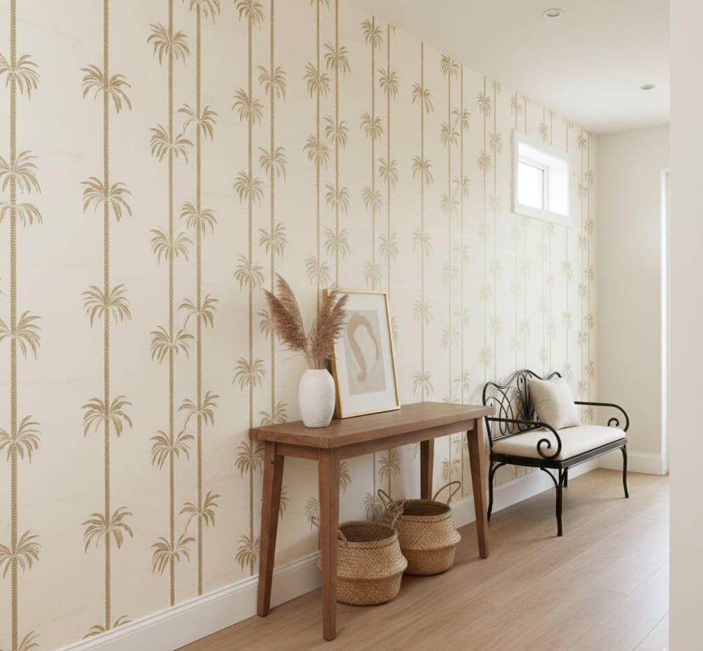 Minimal hallway featuring vertical palm wallpaper in soft sand tones, styled with a wooden table, woven baskets, and a metal bench.