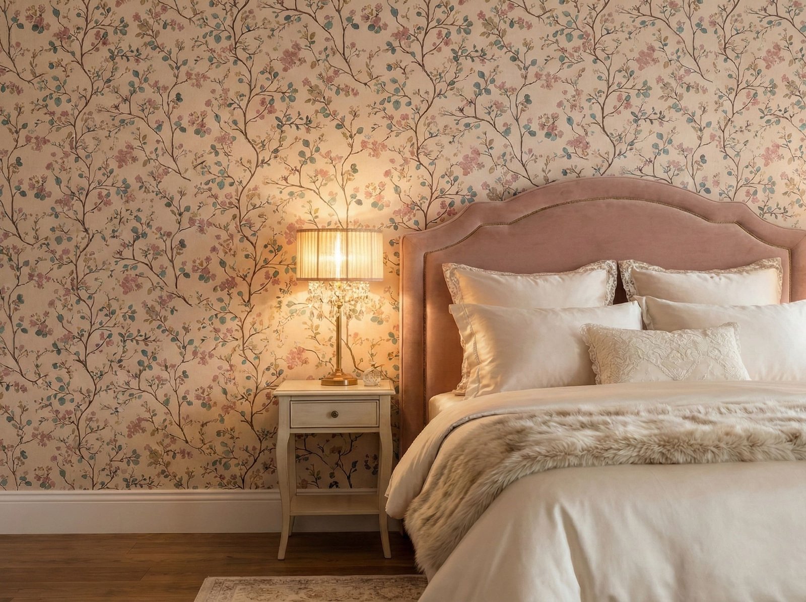 A zoomed-in of a soft floral branch wallpaper behind a blush upholstered bed, featuring delicate blossoms in muted pink, sage green, and warm cream tones.