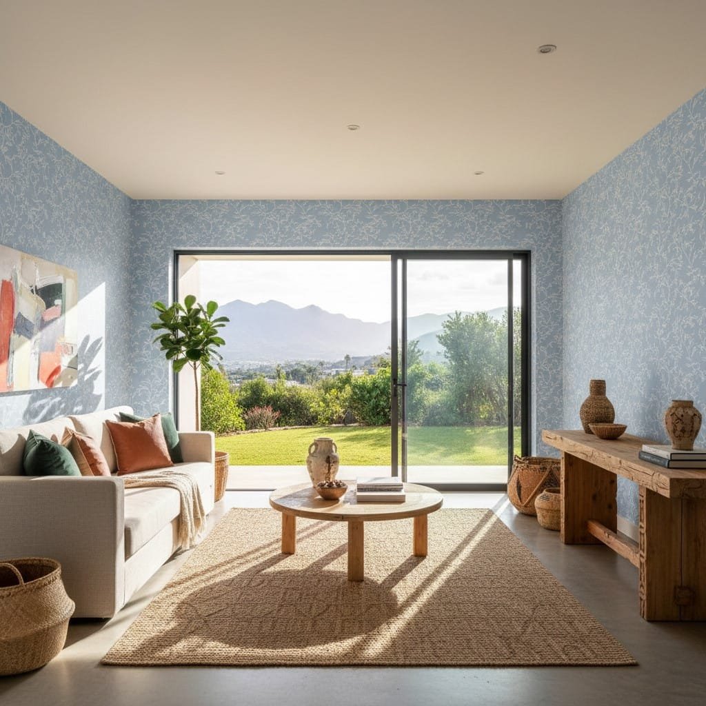 Sunlit living room showcasing sky blue botanical sketch wallpaper, neutral furnishings, woven rug, and sliding glass doors.