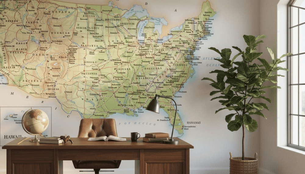 Home office with a vintage-style United States map wall mural behind a wooden desk, featuring detailed state boundaries, cities, and terrain