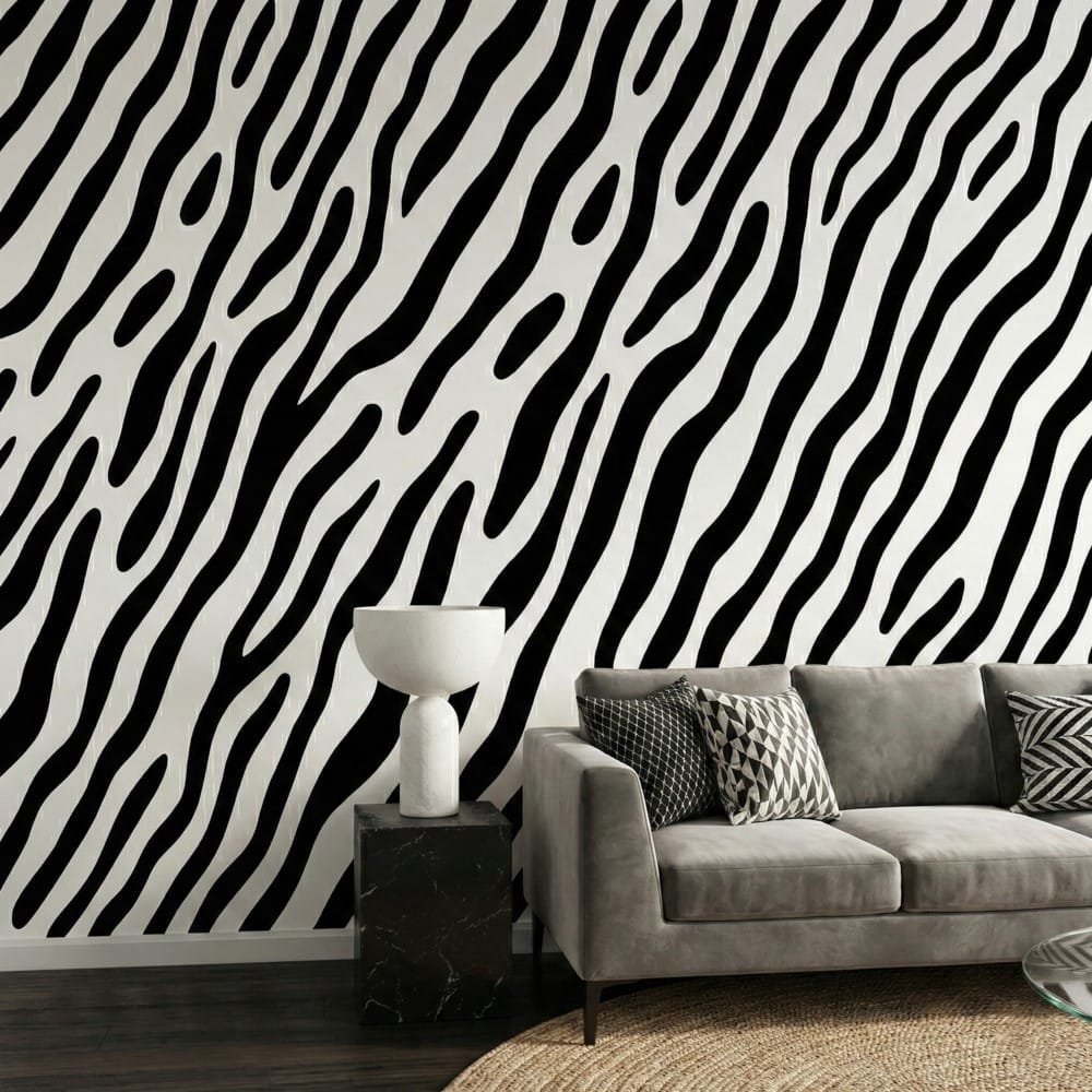 A zoomed-in of a zebra wave wallpaper behind a grey sofa in a modern minimalist living room.