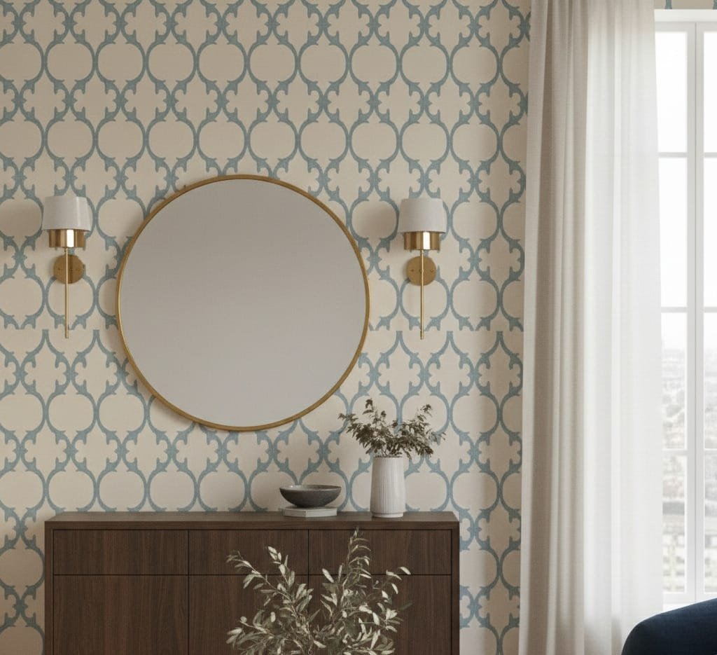 A close-up of chambray blue ogee trellis wallpaper showing fabric-like texture and soft woven finish