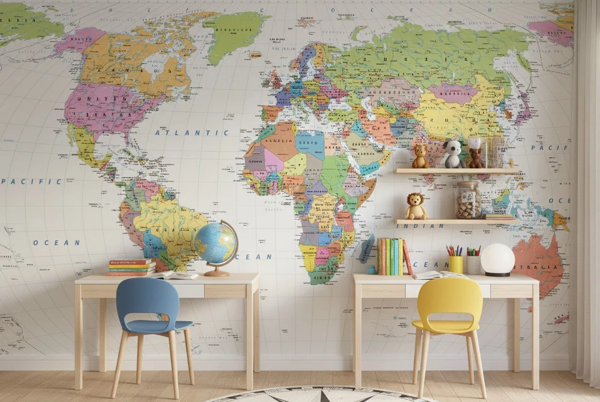Classic atlas world map mural in a children’s study room, with desks, colourful chairs, books, and a detailed political map spanning the full wall.