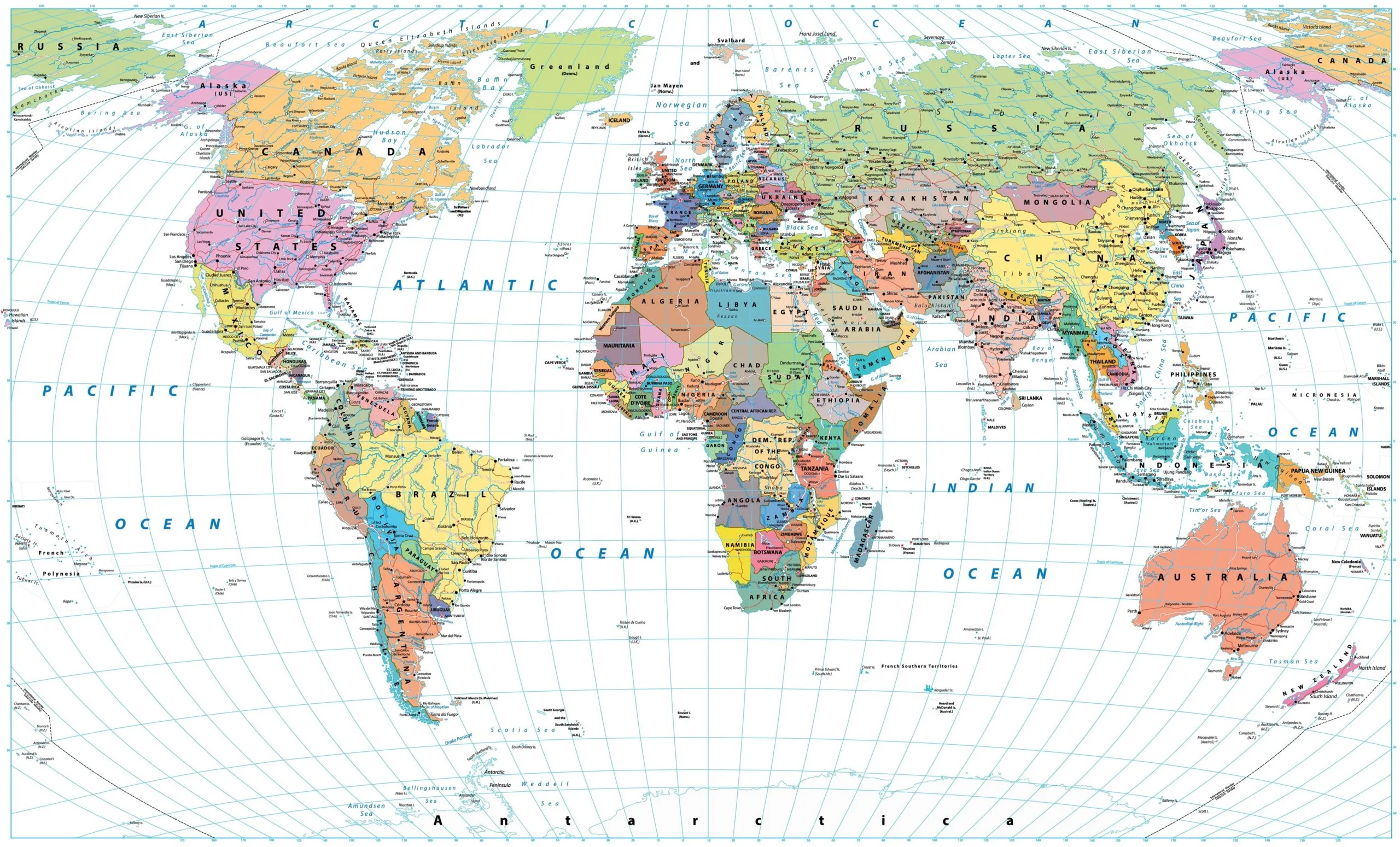 Classic political world map with pastel-coloured countries, latitude and longitude grid lines, and labeled oceans on a light background.