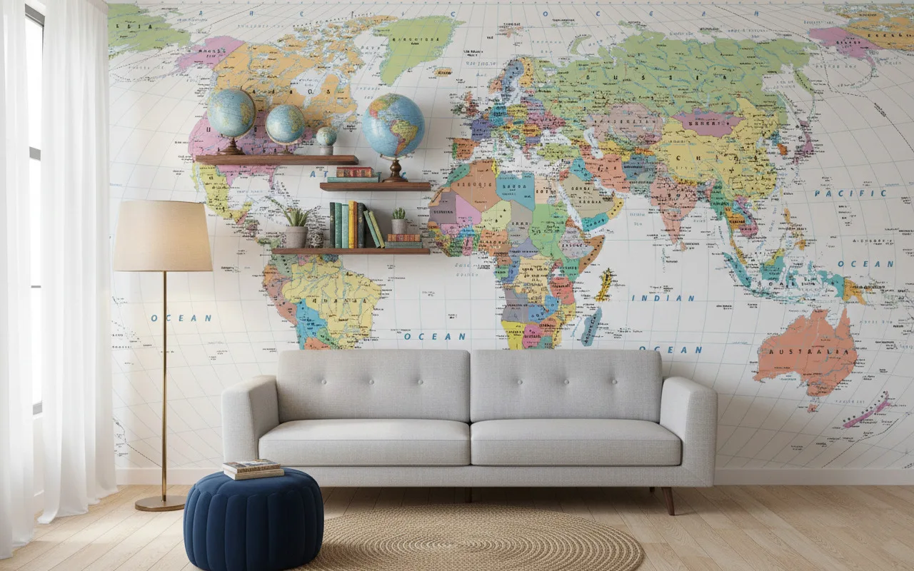 Large classic world map mural covering a living room wall, featuring pastel political map details behind a modern grey sofa and wooden shelves with globes.