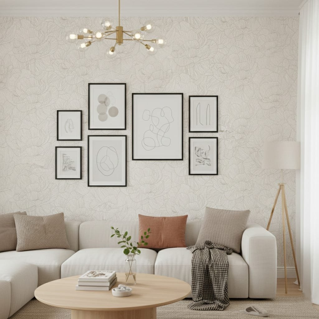 A zoomed-in of Cream Peony Contour wallpaper living room installation highlighting delicate floral linework on a soft cream background