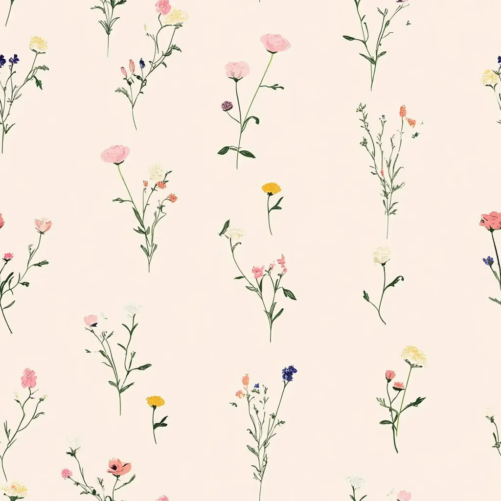 Dainty meadow bloom wallpaper with delicate hand-drawn wildflowers scattered across a soft blush background