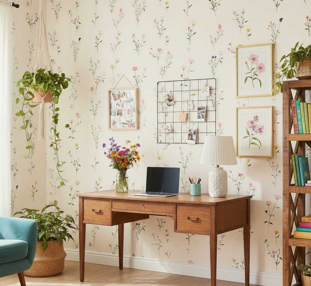 A zoomed-in of a dainty meadow bloom wallpaper in a bright home office with wooden desk, hanging plants, framed floral art, and soft natural light