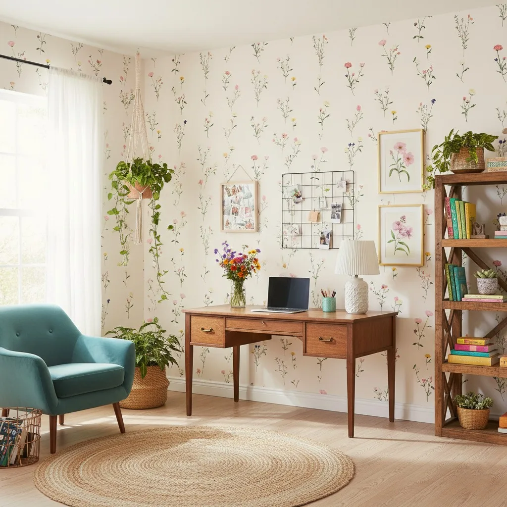 Dainty meadow bloom wallpaper in a light-filled room with vintage desk, teal accent chair, bookshelves, plants, and floral decor