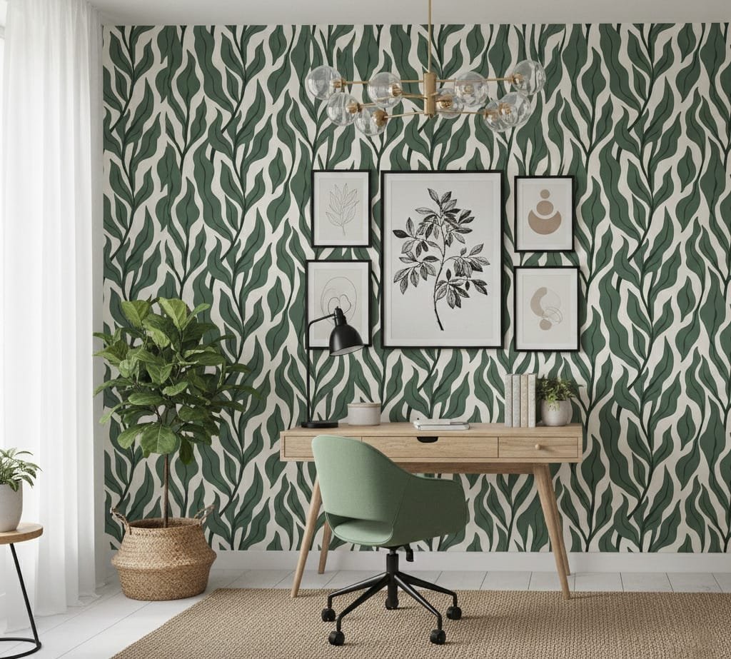 Deep Sage Willow wallpaper home office installation featuring bold botanical leaf pattern in deep sage tones