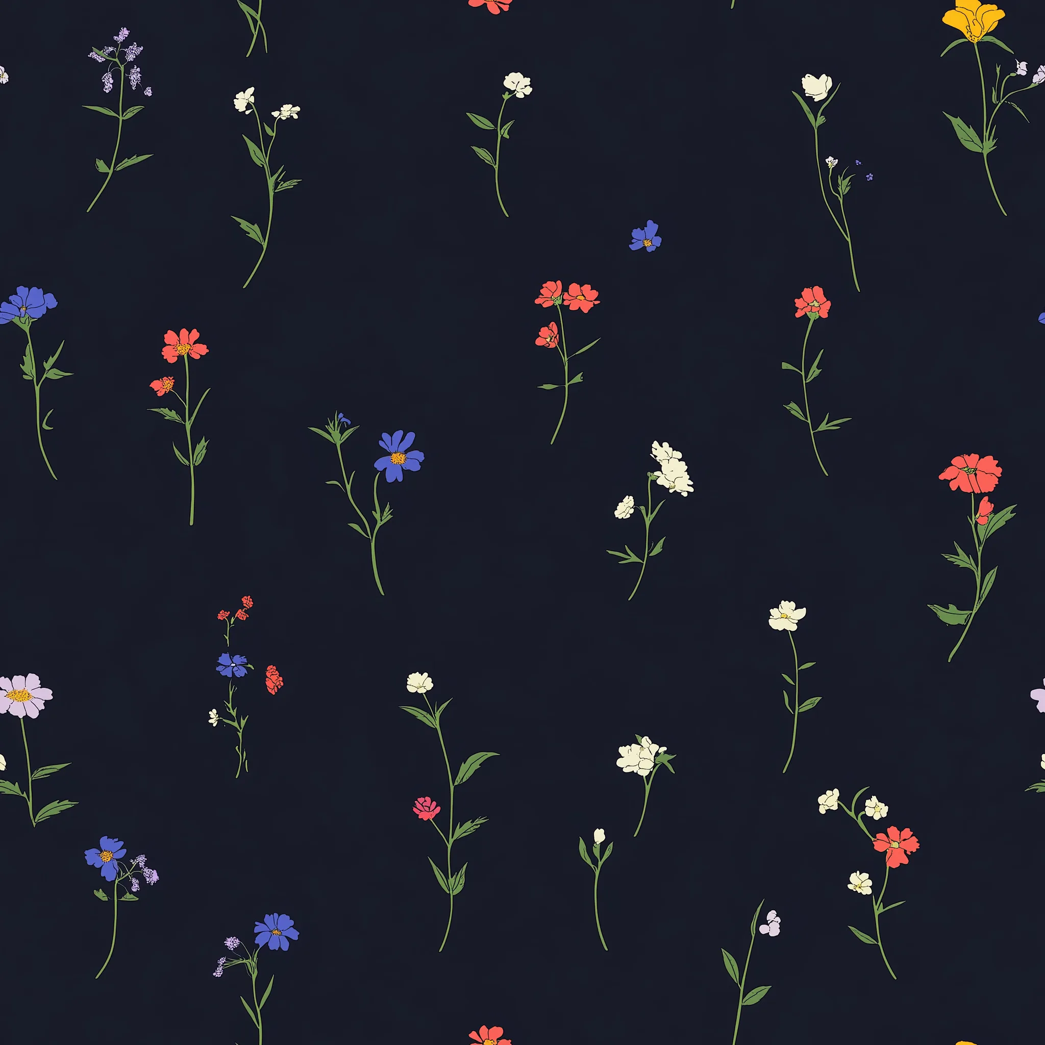 Midnight meadow bloom wallpaper with delicate wildflowers scattered across a deep navy background