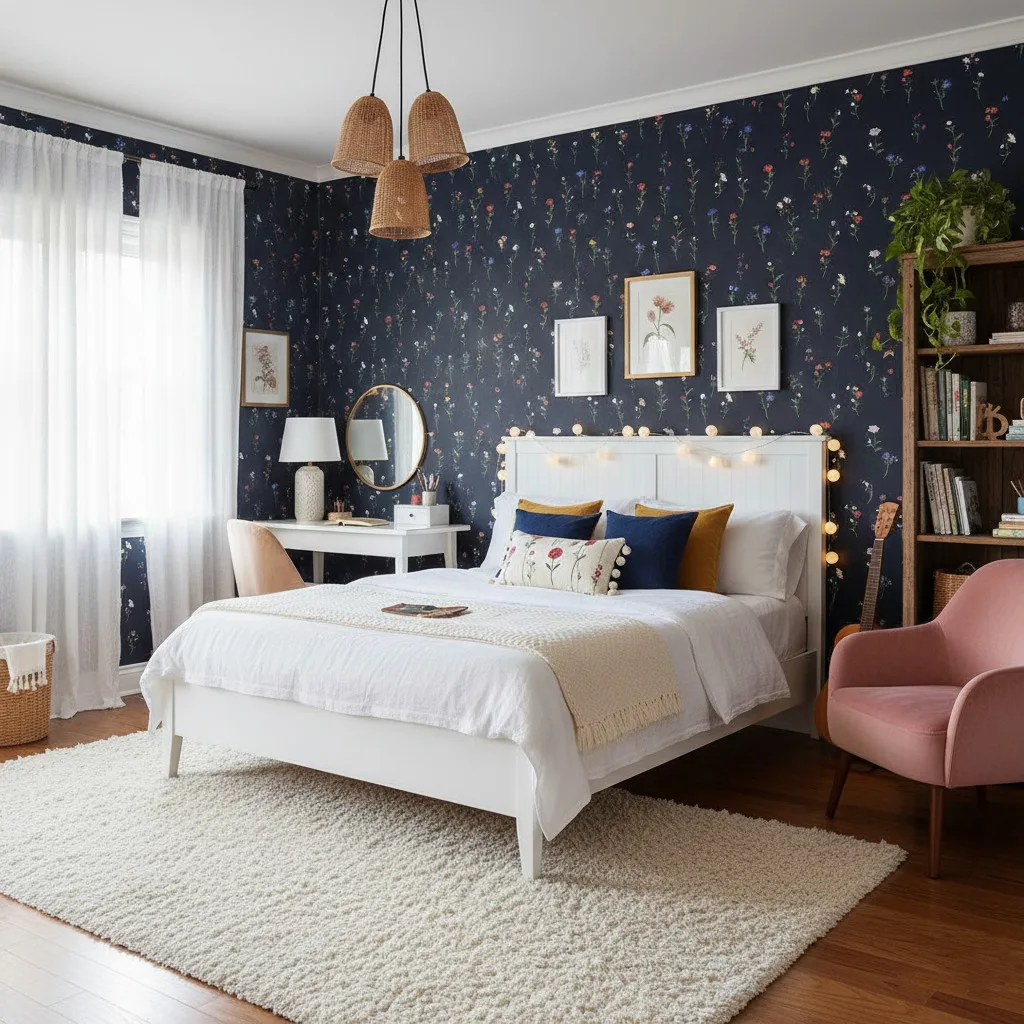 Midnight meadow bloom wallpaper in a cozy bedroom with white bed, woven pendant lights, framed botanical art, and warm wood accents