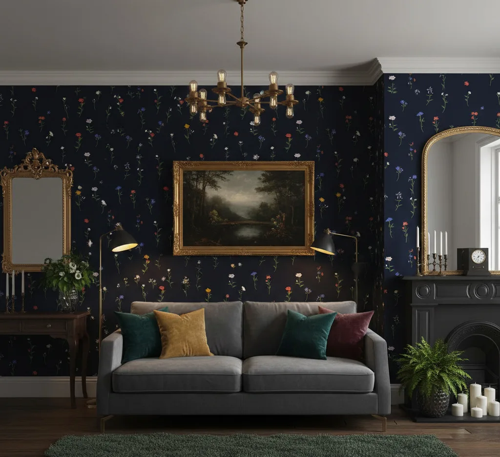 Midnight meadow bloom wallpaper in an elegant living room with dark walls, velvet sofa, vintage mirrors, artwork, and warm ambient lighting