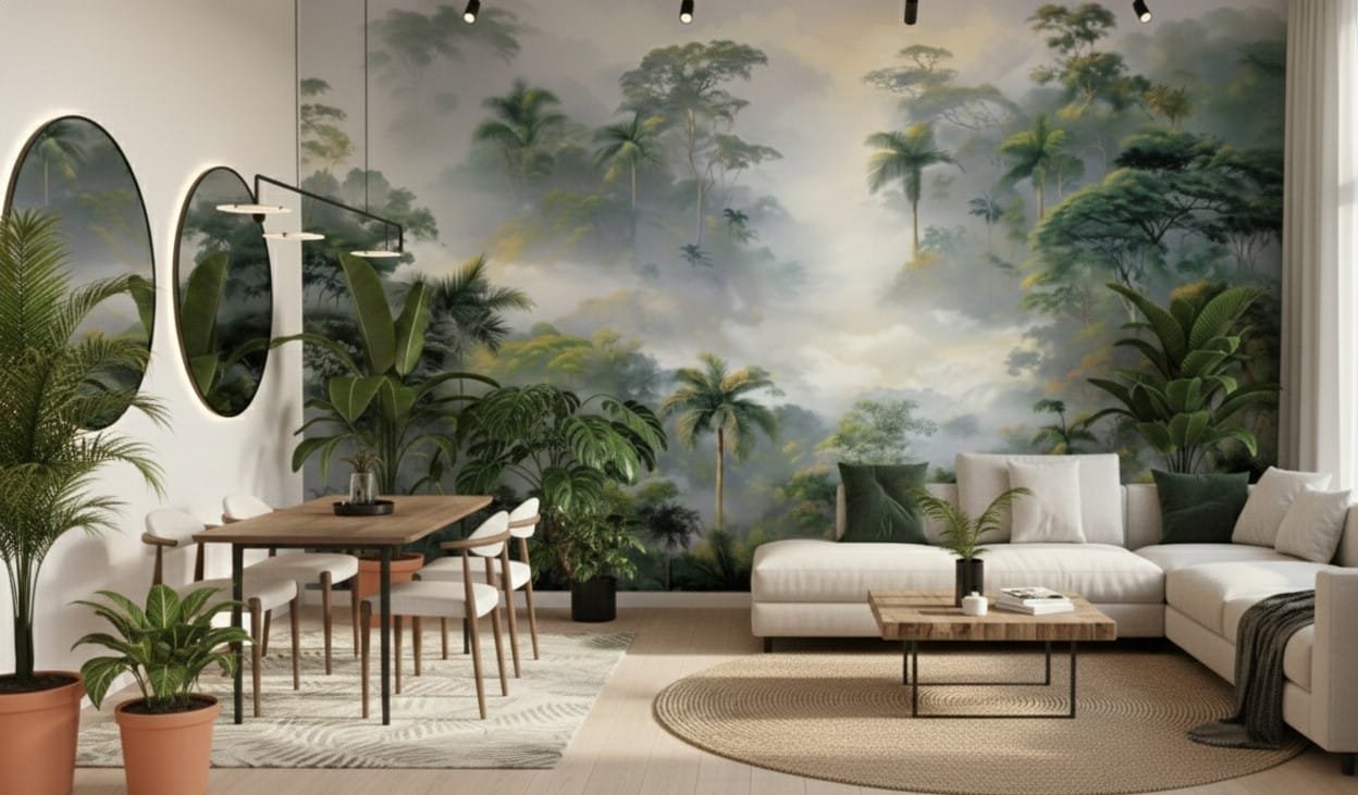 A zoomed-in of a misty jungle wall mural, featuring tropical trees emerging through fog behind a minimalist vanity and shower.
