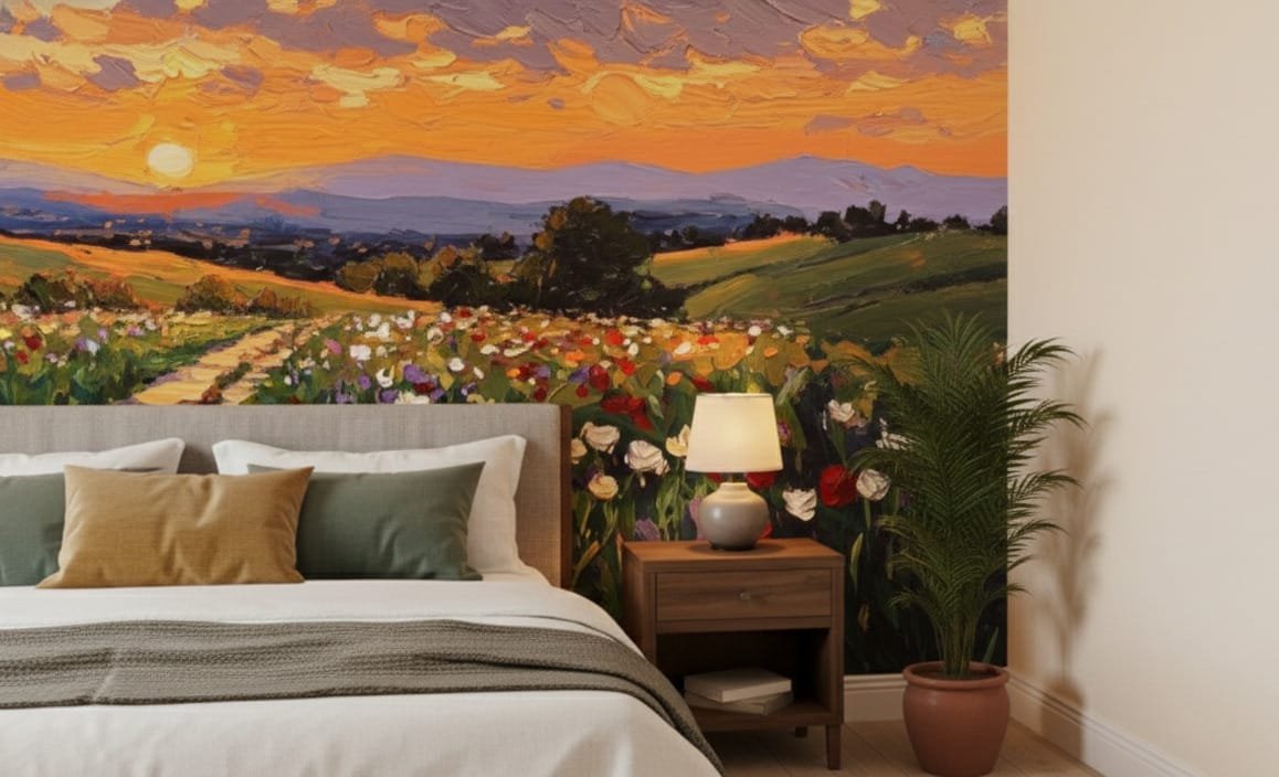 A zoomed-in of a sunset wildflower path mural behind a bed, showing a painted meadow of flowers, rolling hills, and warm sunset colours