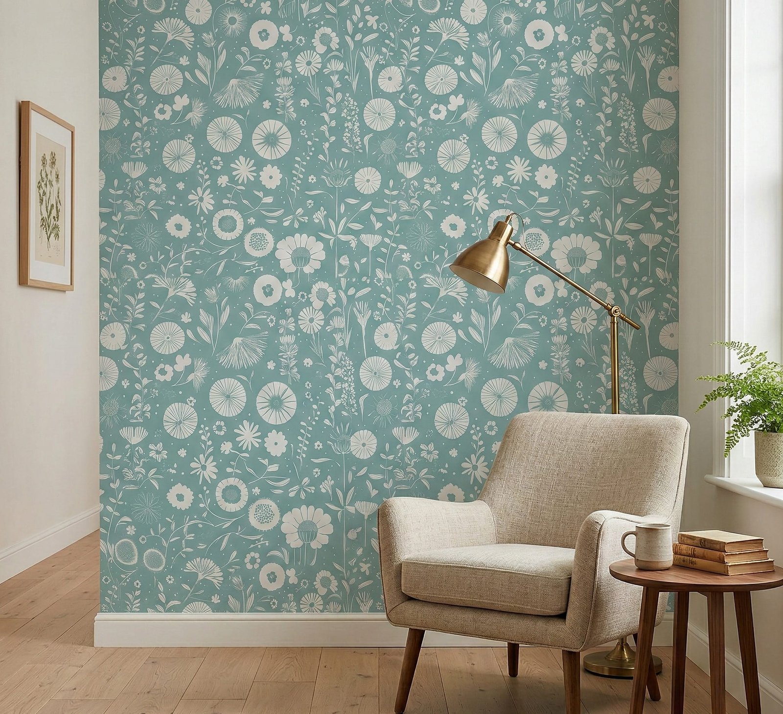 Teal folk floral wallpaper with white botanical illustrations styled in a cozy reading nook with a beige armchair, brass floor lamp, wooden side table, and light wood flooring.