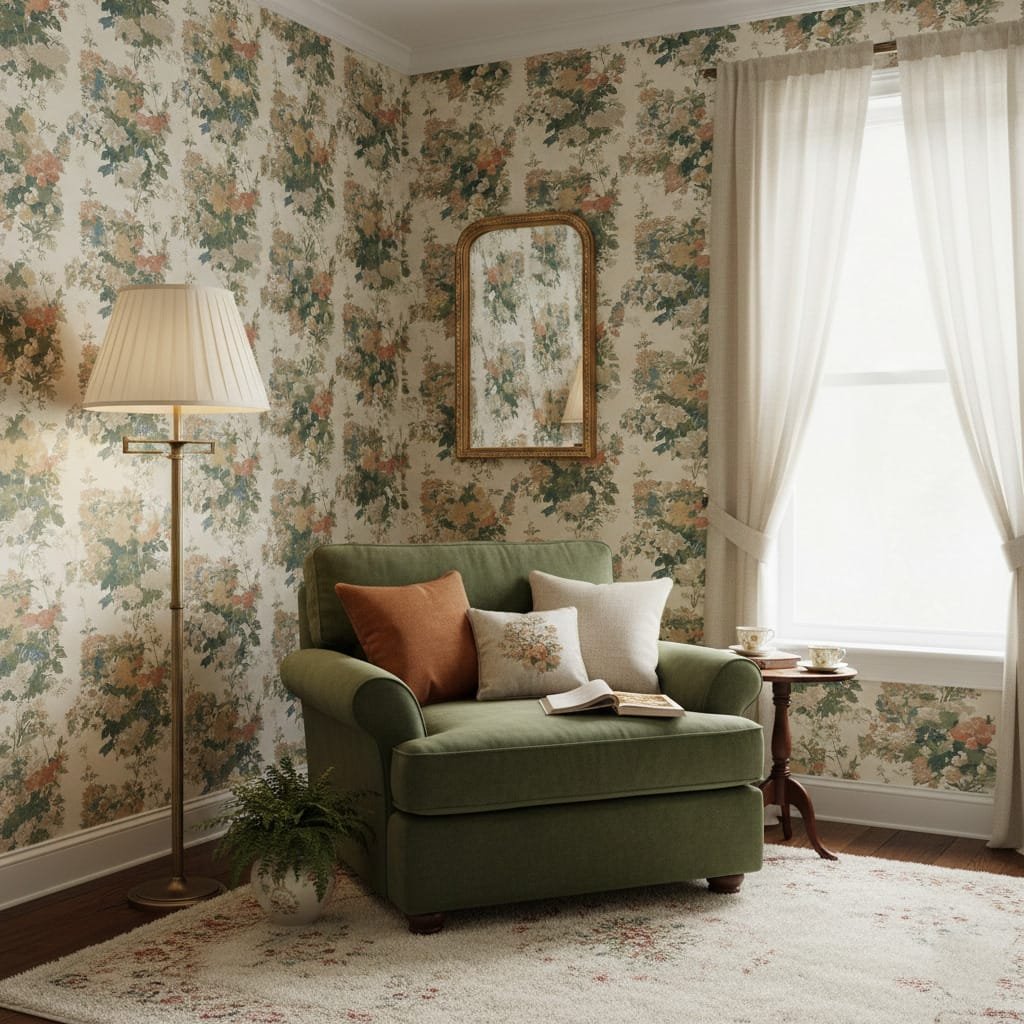 Vintage Tapestry Bouquet wallpaper cozy reading corner highlighting vintage floral pattern and warm tones