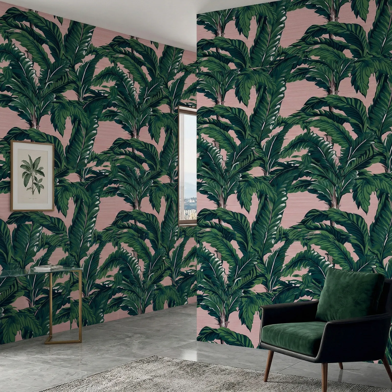 Blush banana leaf wallpaper installed in a modern corner space with framed botanical art and green velvet armchair.