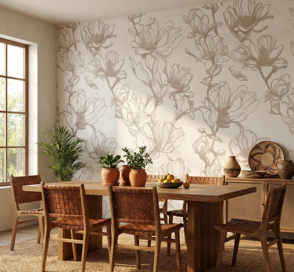 Champagne magnolia contour mural in a warm dining room with woven leather chairs and natural wood table.