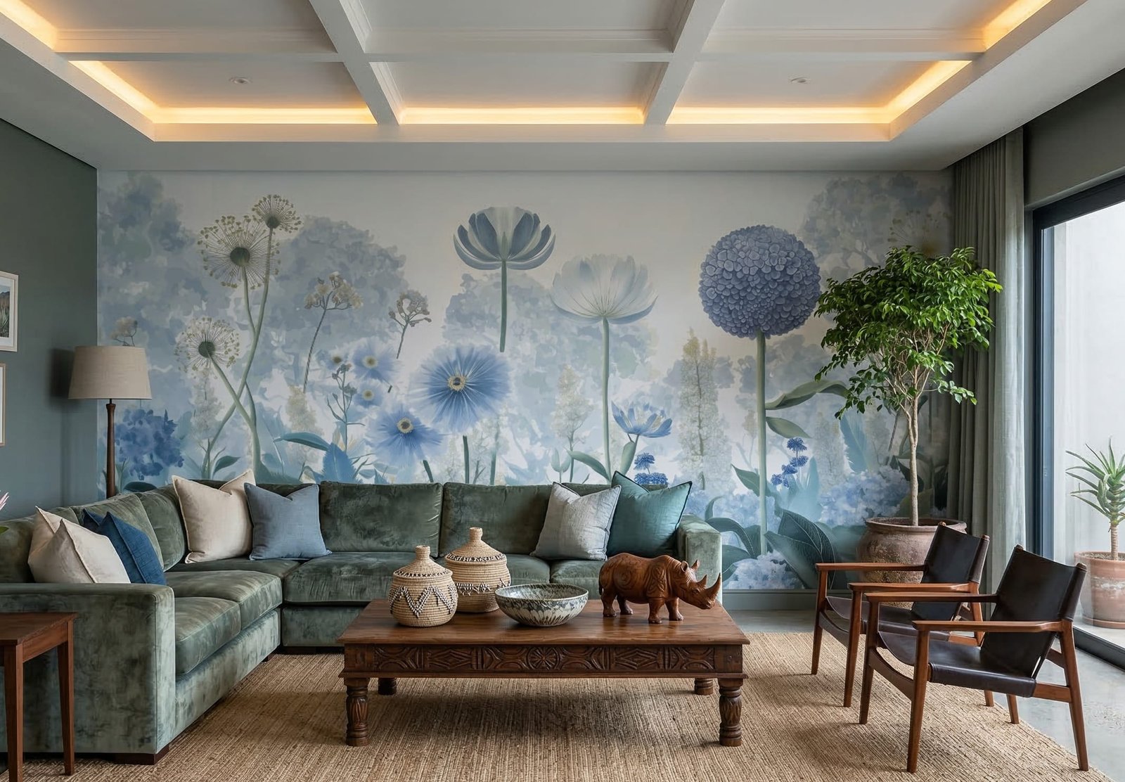 Large-scale blue meadow flower mural in a modern living room.