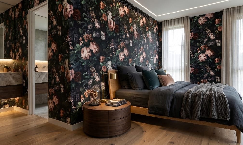 Noir Bloom Garden wallpaper styled in a luxurious dark bathroom with dramatic floral wallpaper and brass accents