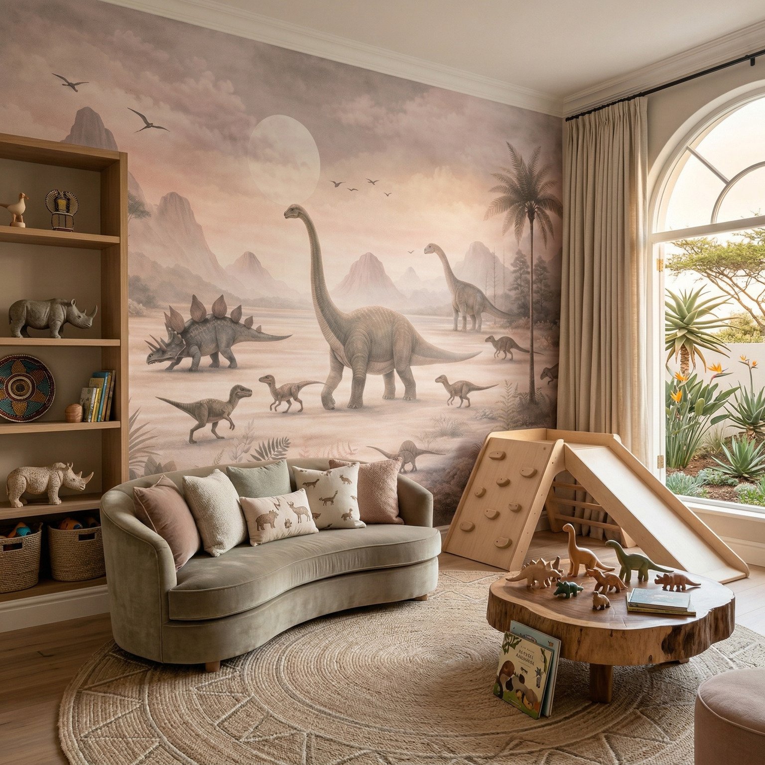 Dinosaur wall mural in neutral blush and taupe tones featuring long-neck dinosaurs, stegosaurus, and palm trees in a calm nursery.
