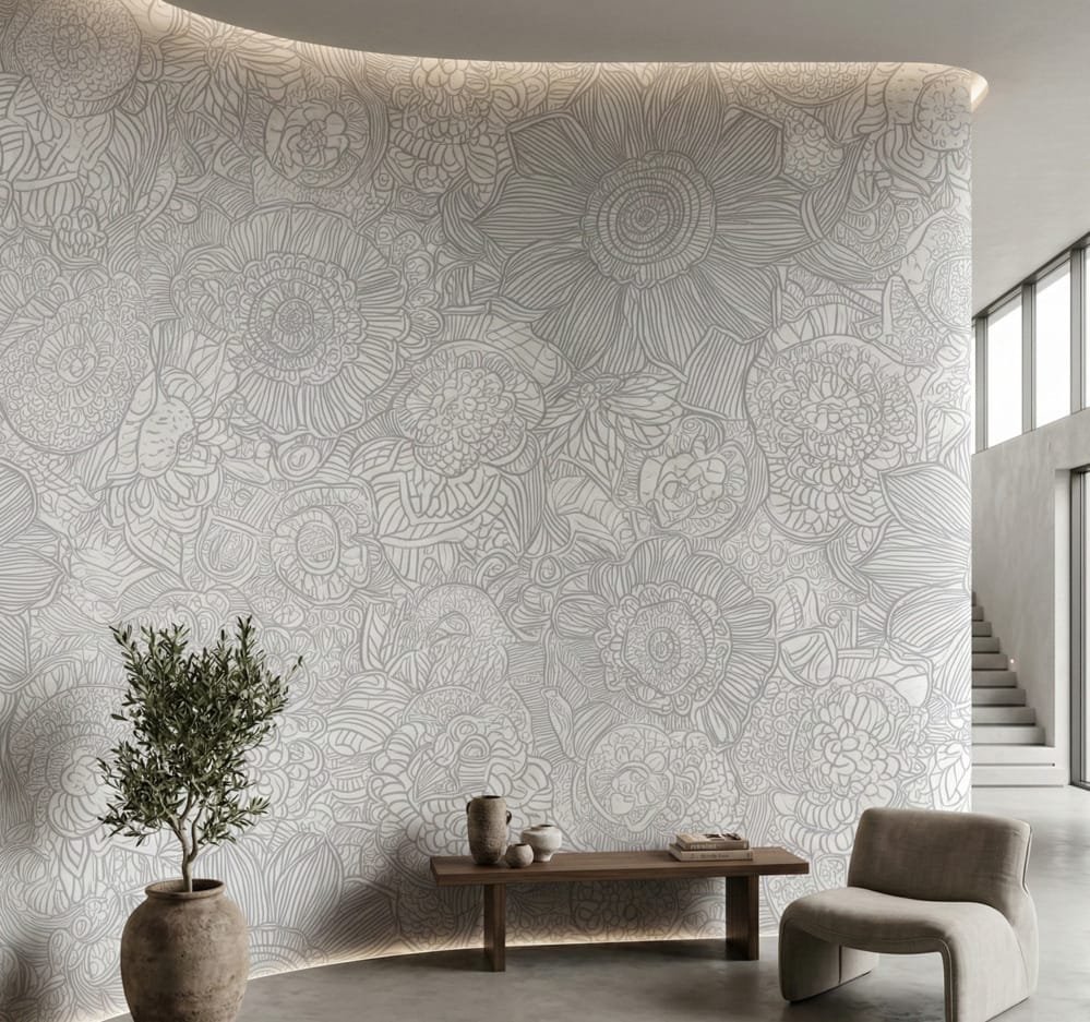 Large-scale pearl floral line art mural installed in an elegant living space with neutral seating and warm wood floors.