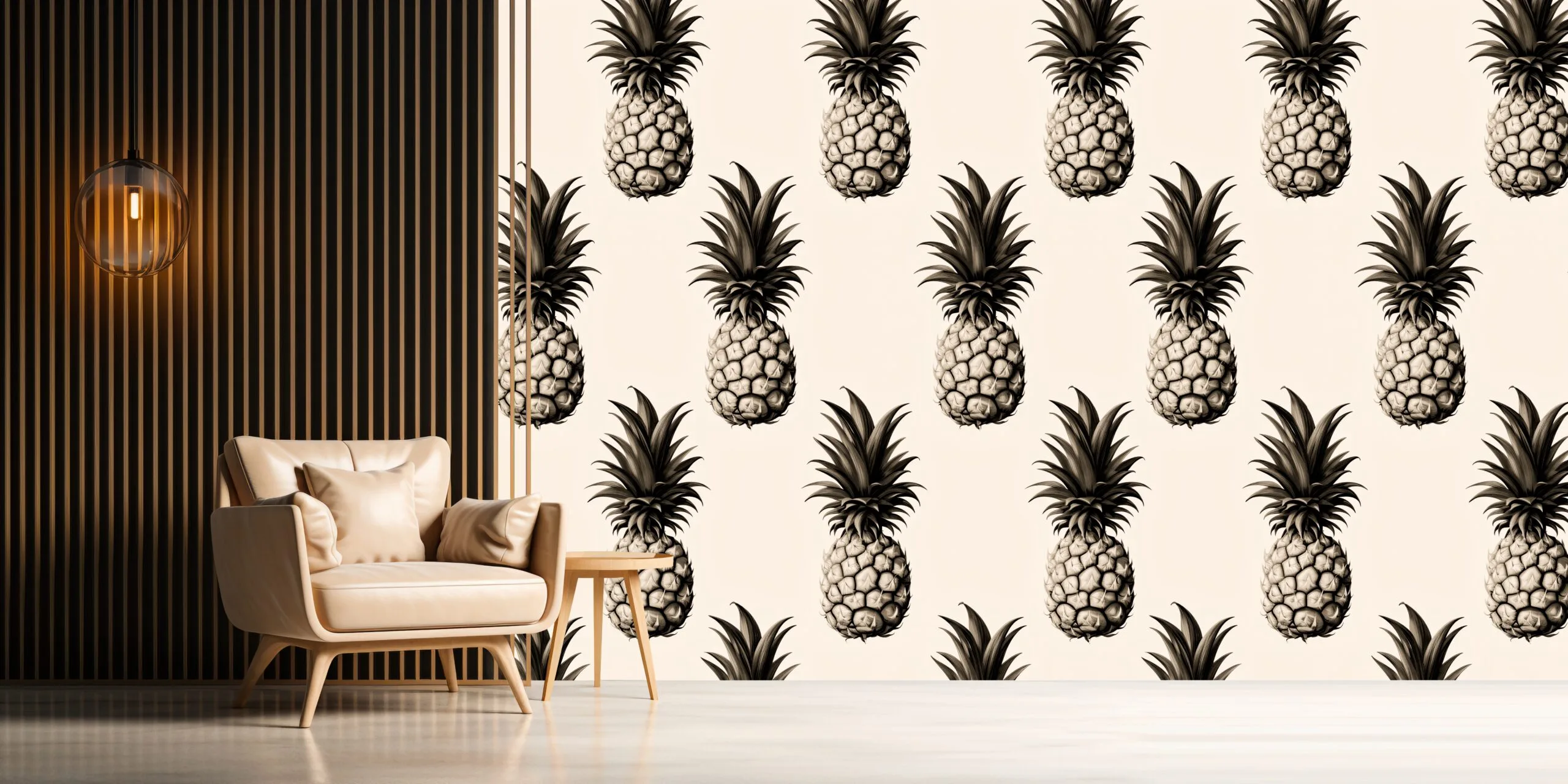 Pining For You Sepia wallpaper with vintage pineapple pattern on a soft neutral background in a modern interior.