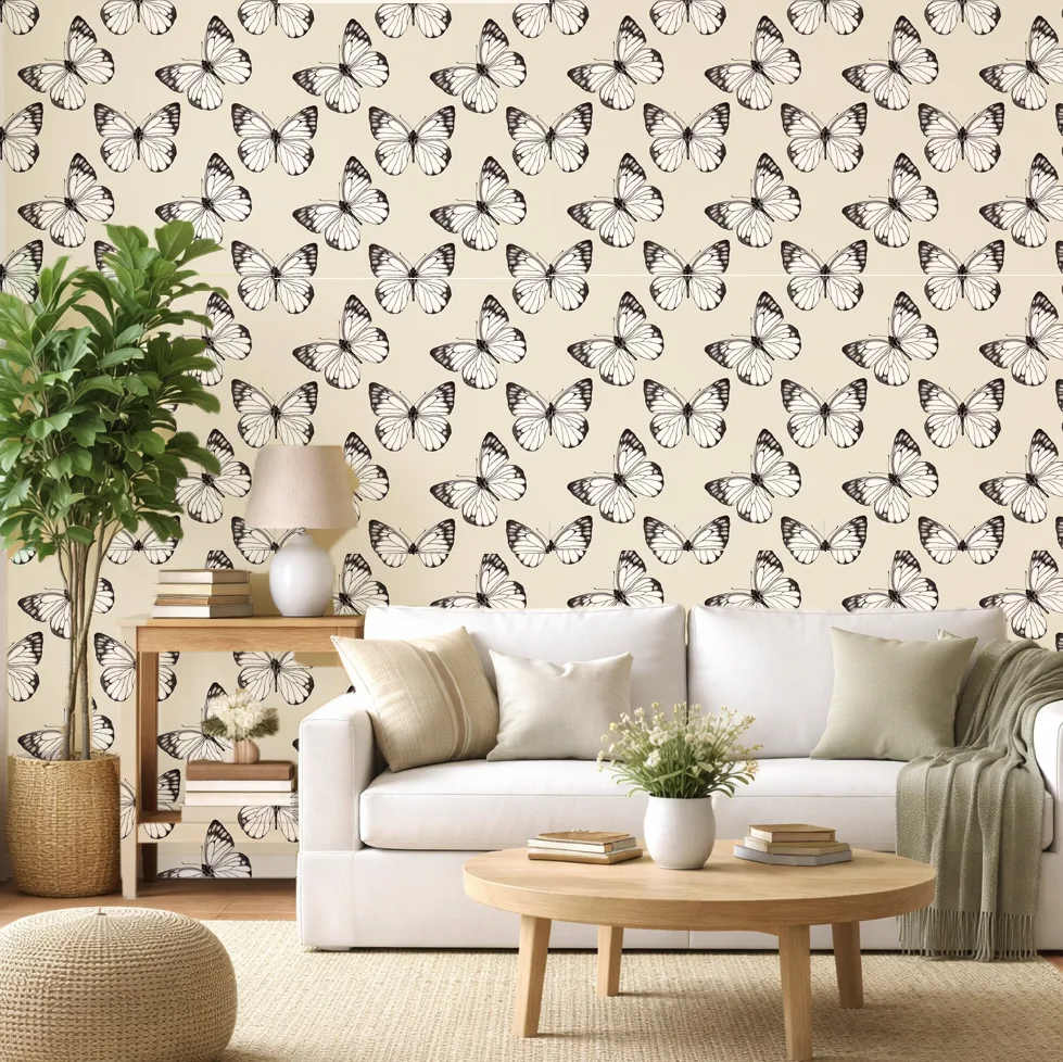 Butterfly Breeze cream wallpaper installed in a cozy living room with beige sofa, wood table, and soft decor.