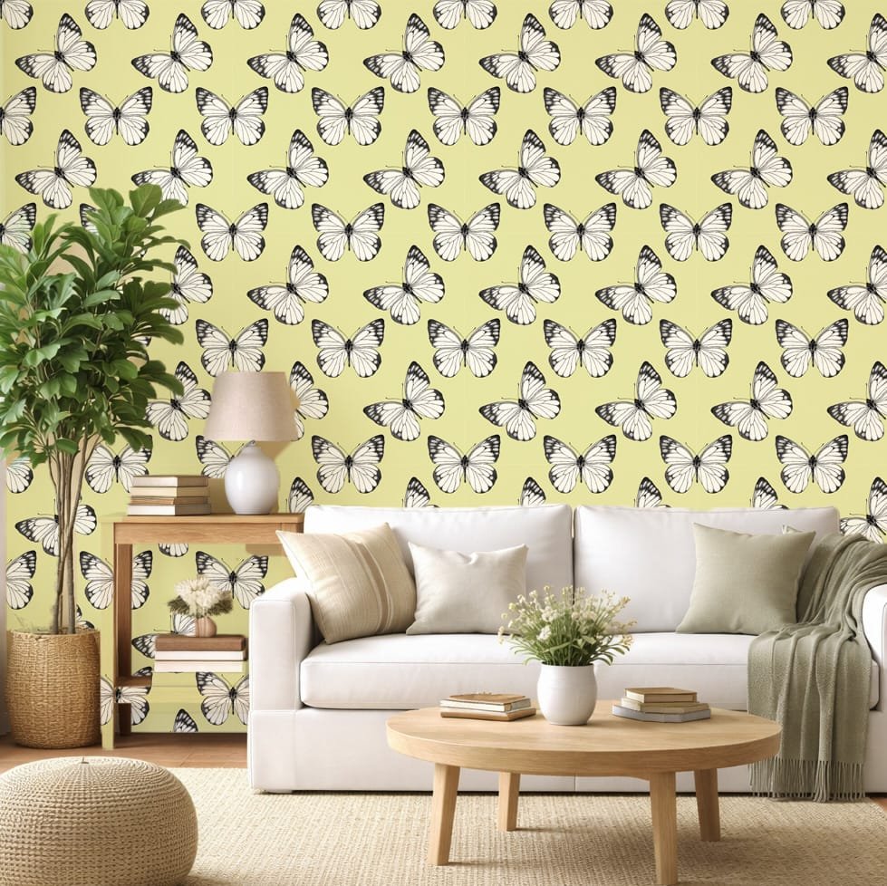 Butterfly Breeze yellow wallpaper installed in a bright living room with neutral furnishings and natural textures.