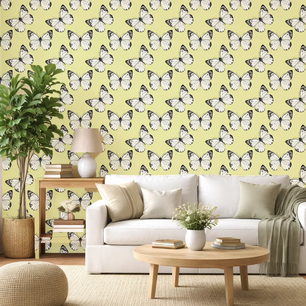 Butterfly Breeze yellow wallpaper installed in a bright living room with neutral furnishings and natural textures.