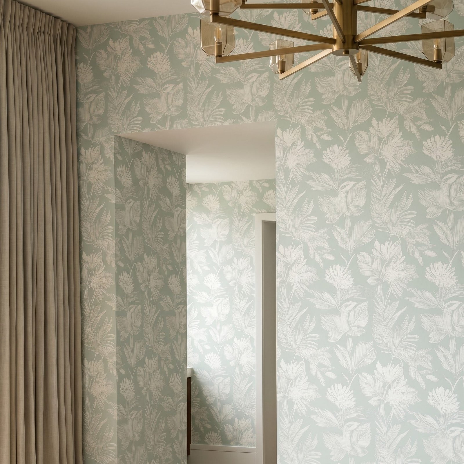 A zoomed-in of a modern hallway with subtle leafy pattern in calming green tones.