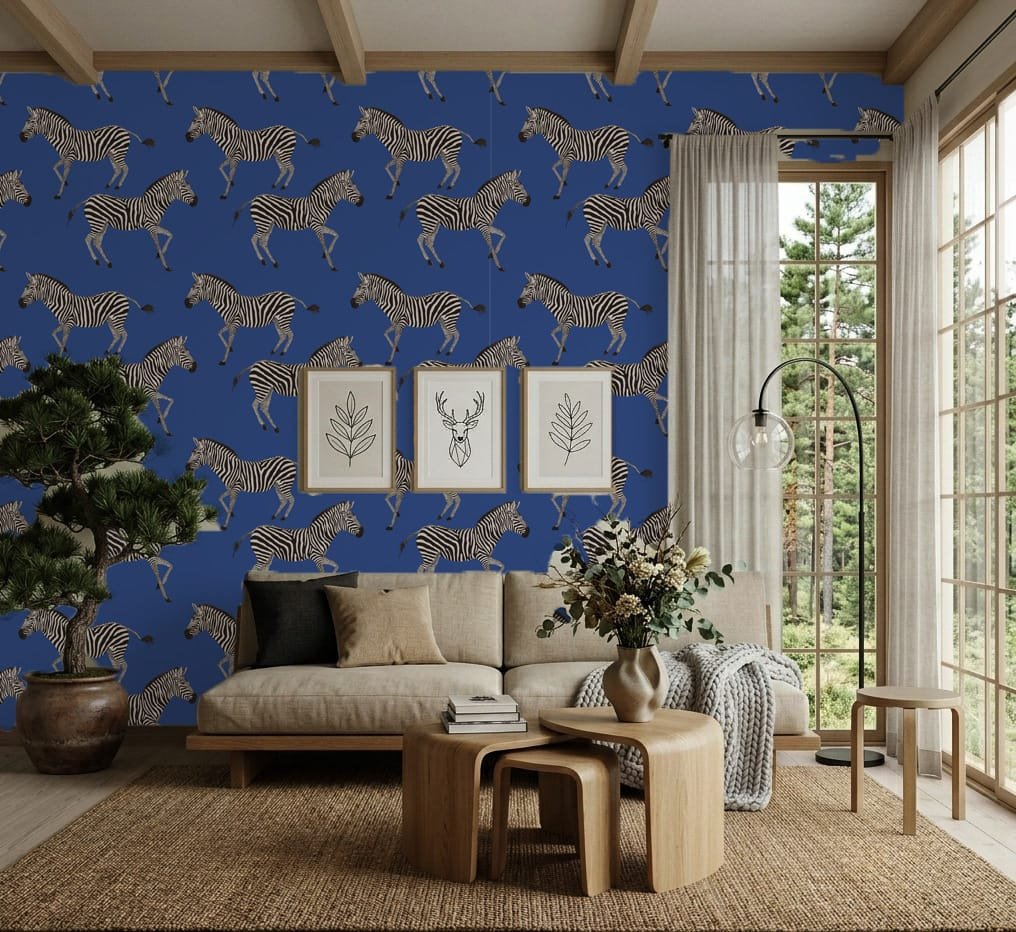 Kala Blue Zebra wallpaper zoomed-in showing black and white zebras on a deep blue background