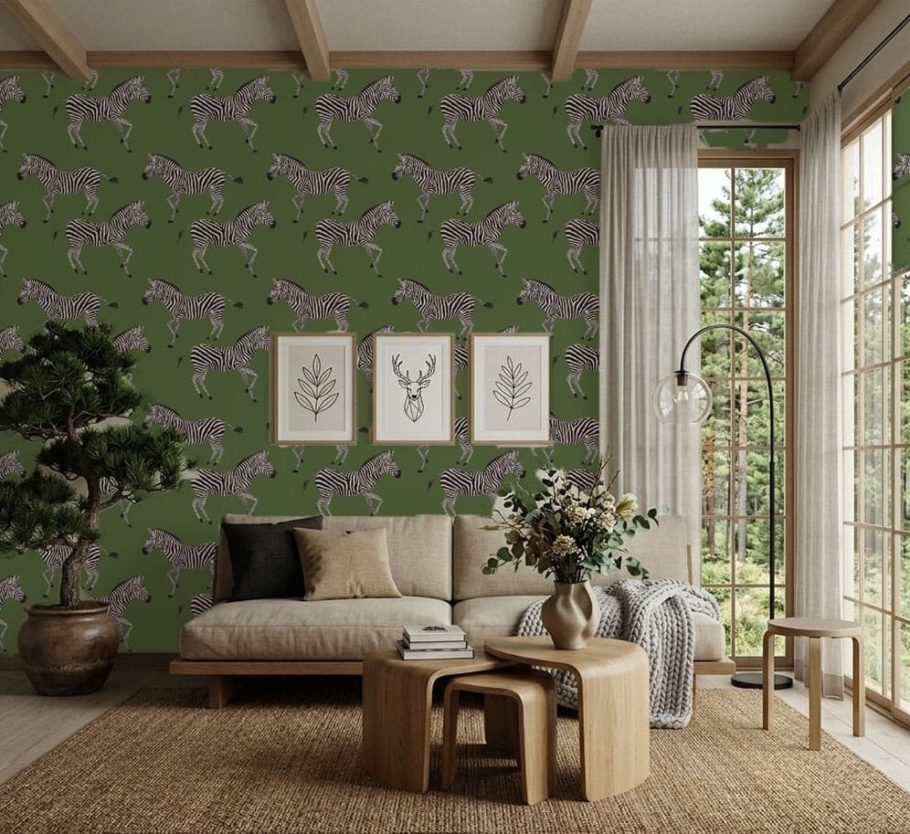 Kala Green Zebra wallpaper in a modern living room with beige sofa and zebra feature wall