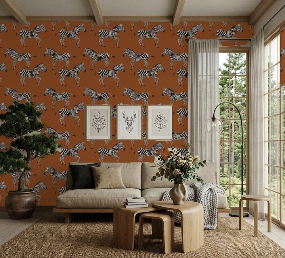 Kala Sienna Zebra wallpaper in a modern living room with beige sofa and zebra feature wall