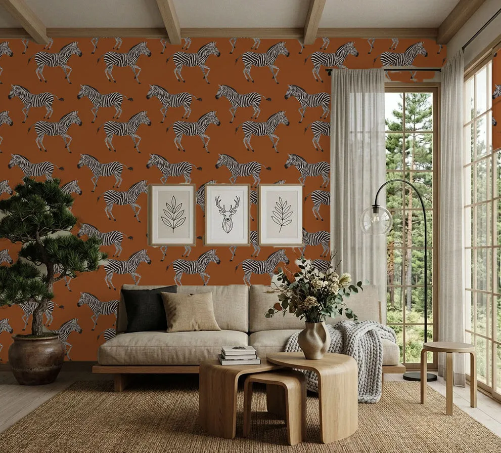 Kala Sienna Zebra wallpaper in a modern living room with beige sofa and zebra feature wall