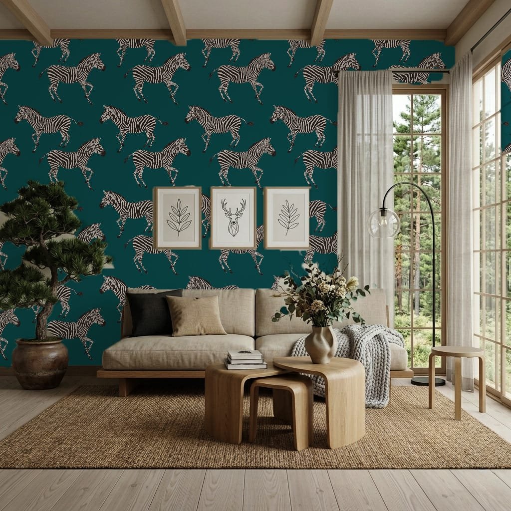 Kala Teal wallpaper styled in modern living room with zebra pattern feature wall and neutral